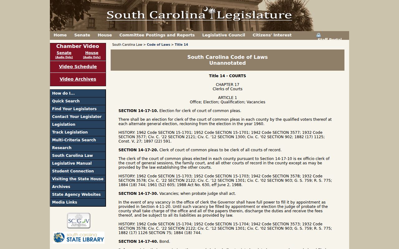 South Carolina court records Clerk of Court statute chapter