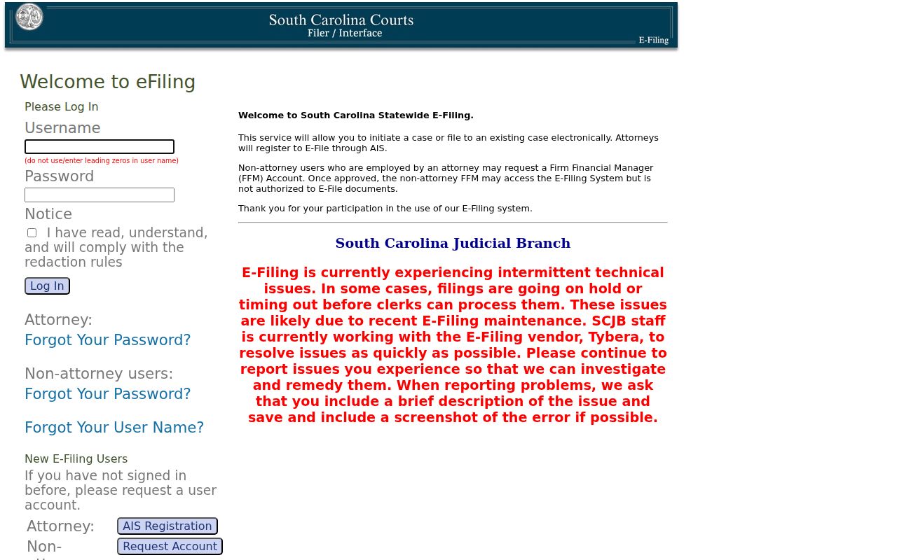 South Carolina court records eFlex electronic filing login