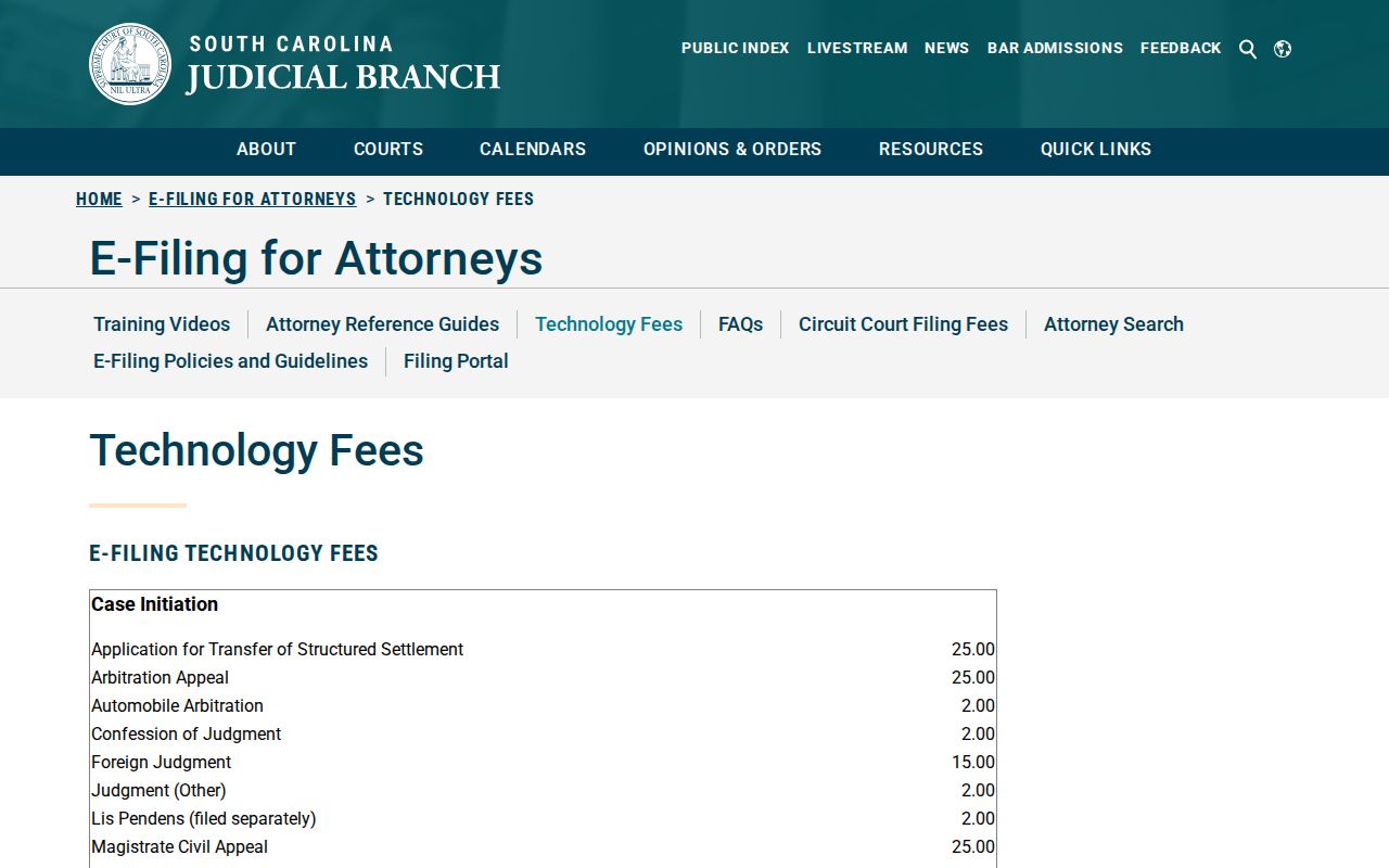 South Carolina court system statewide e-filing technology fees