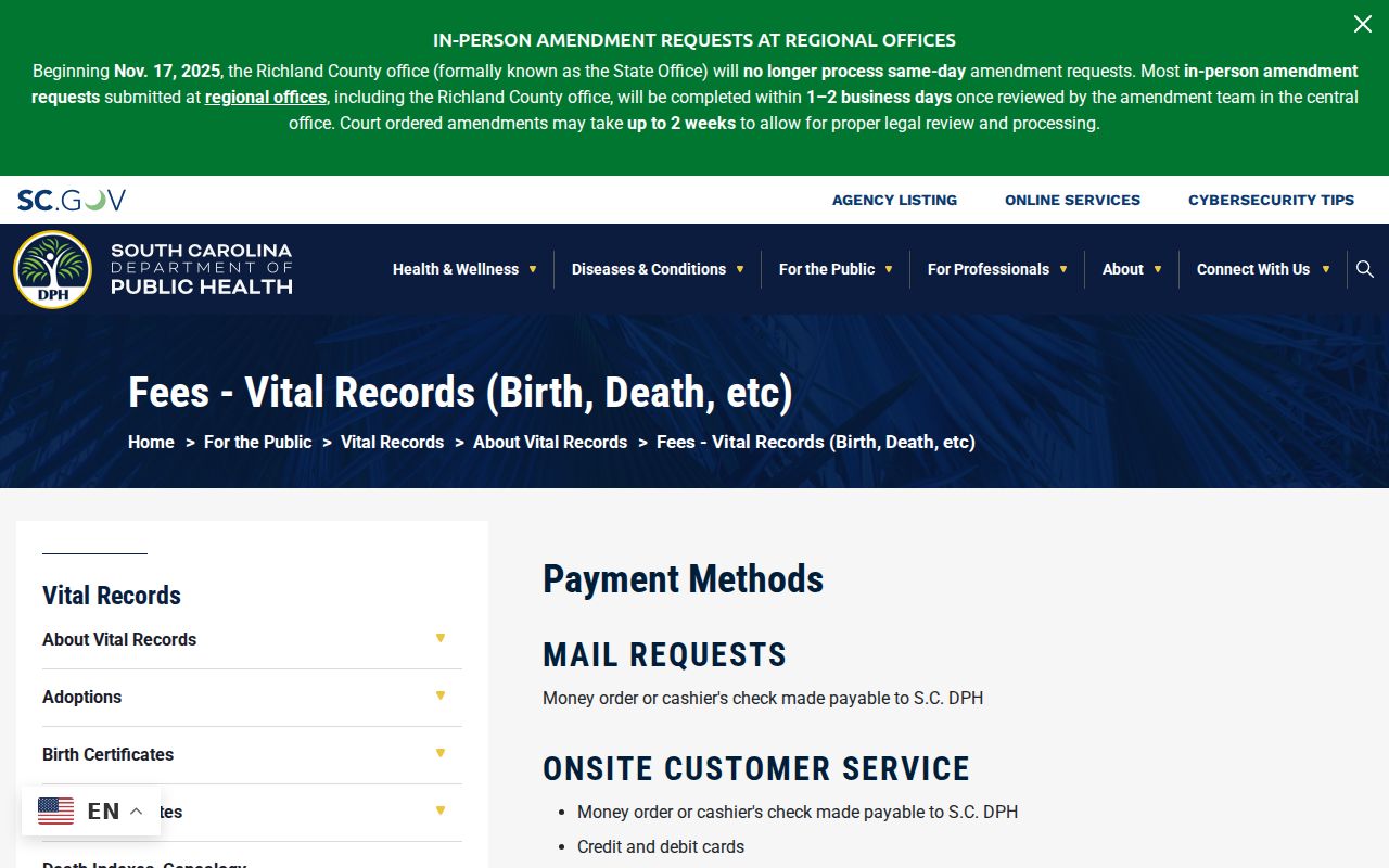 South Carolina court system and statewide vital record fees