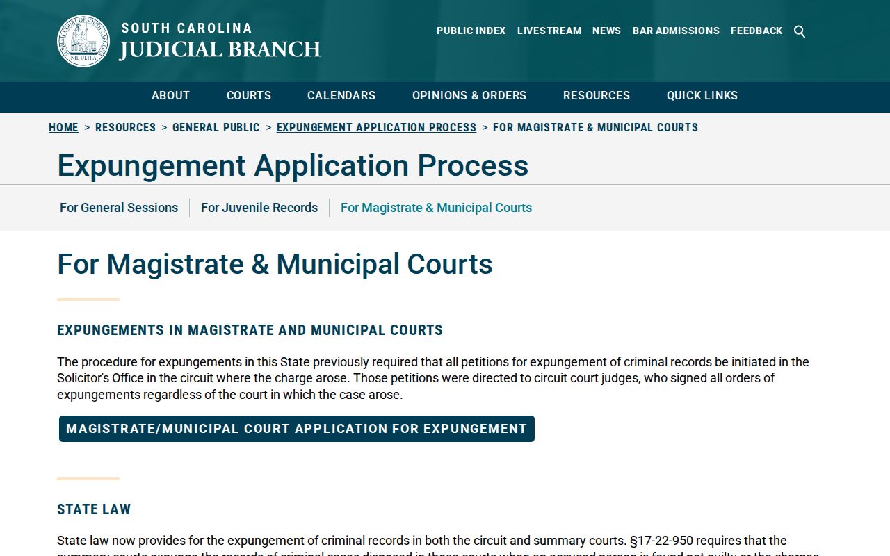 South Carolina criminal records no-fee summary court expungement process