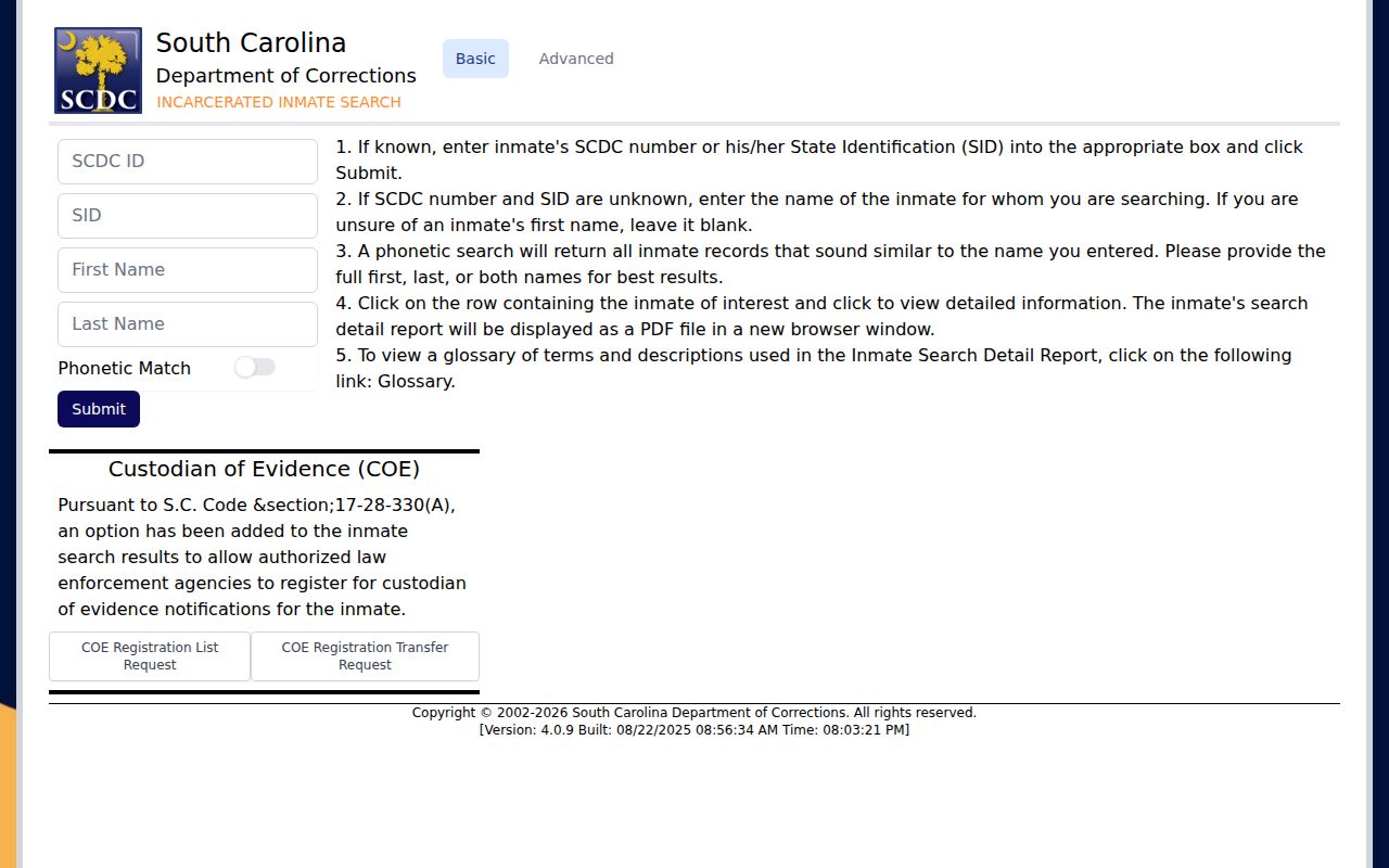 South Carolina inmate records search in the SCDC public locator