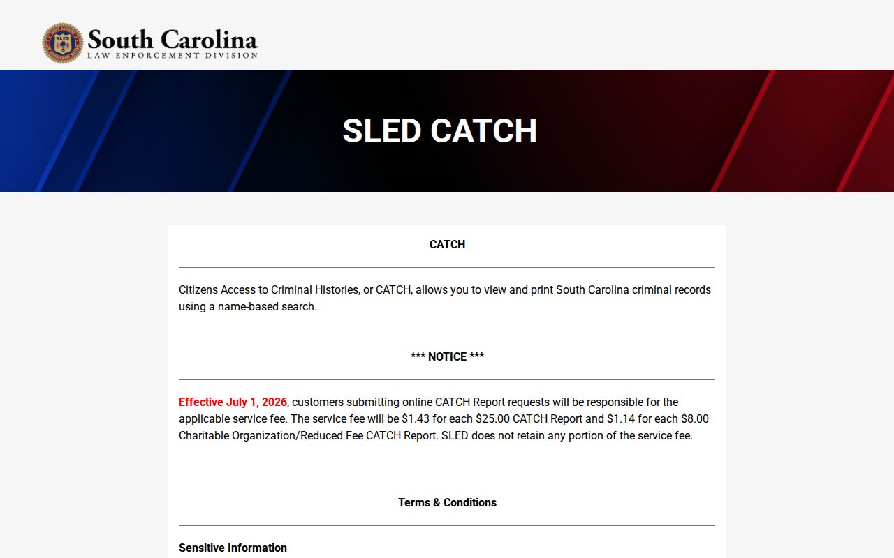 South Carolina criminal records search through SLED CATCH