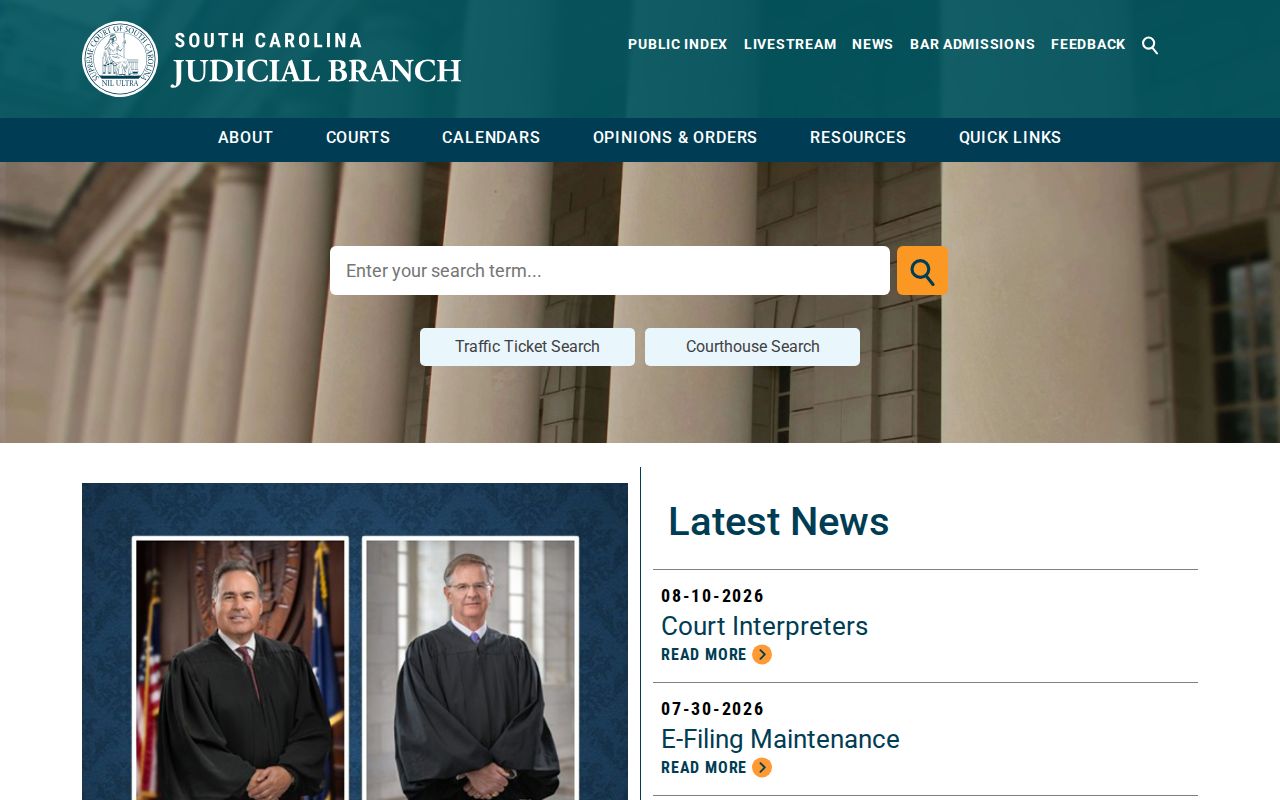 South Carolina court records resources on the Judicial Branch homepage
