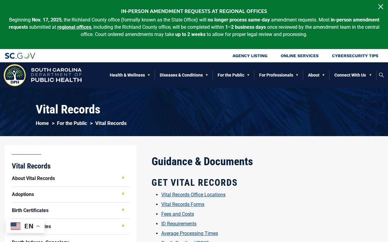 South Carolina marriage and divorce vital records services