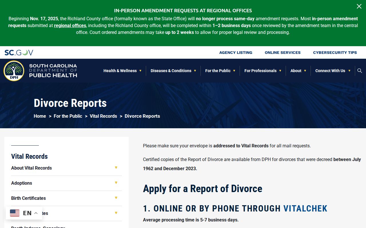 South Carolina marriage and divorce records DPH divorce report ordering information